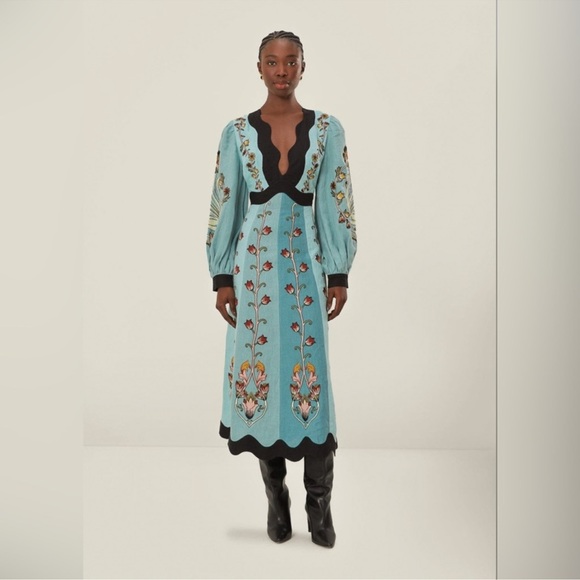 farm rio blue flowing beauty embroidered long sleeve midi dress | Dresses | Farm Rio Color:Biscotti/Aegean Blue/Powder Blue/Charmeuse Comment “shop” to get perfectly suited to complement subcategory:Rompers
